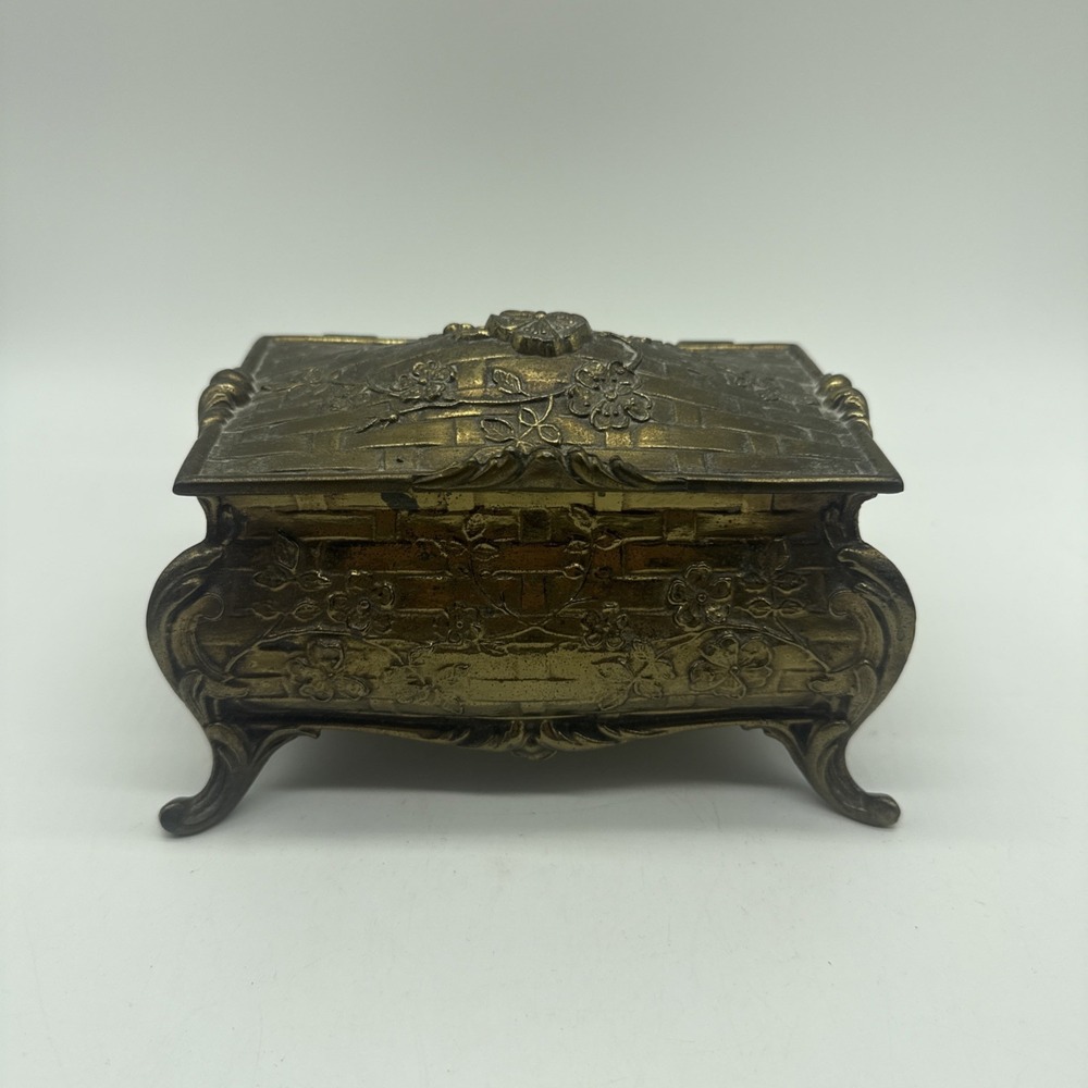 Nouveau Gilt Bronze Metal Jewelry Box Floral Casket Trinket Footed Vintage Gold